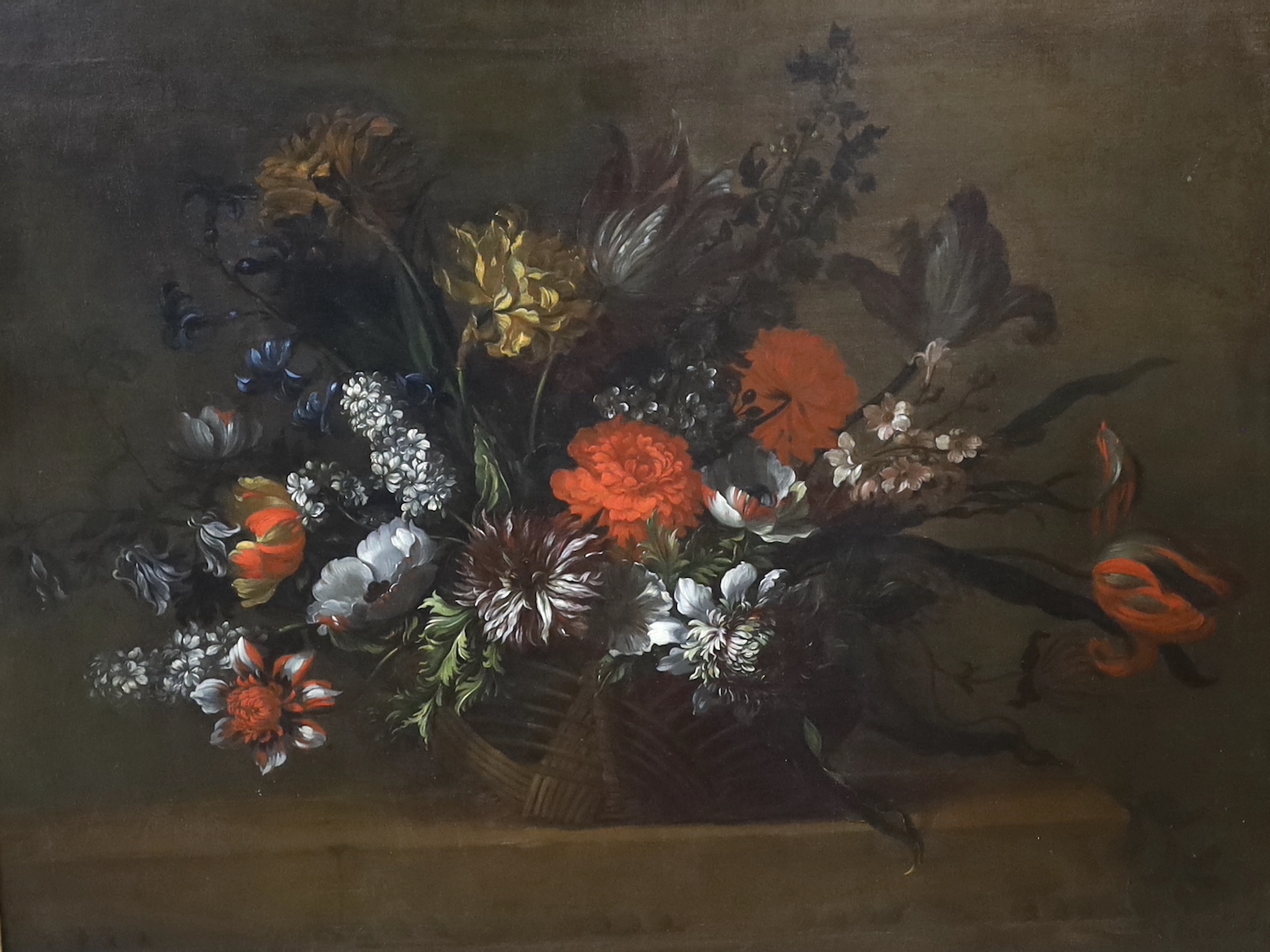19th century English / Dutch school, oil on canvas, Still life of flowers in a basket, 57 x 70cm, ornate gilt frame